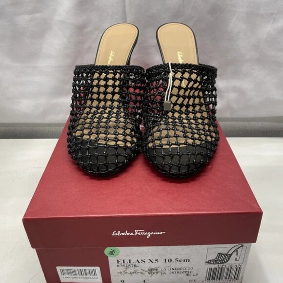 NEW SALVATORE FERRAGAMO  Ellas X5 Woven Leather Mules – Women’s Size 9C – Black - Picture 8 of 11